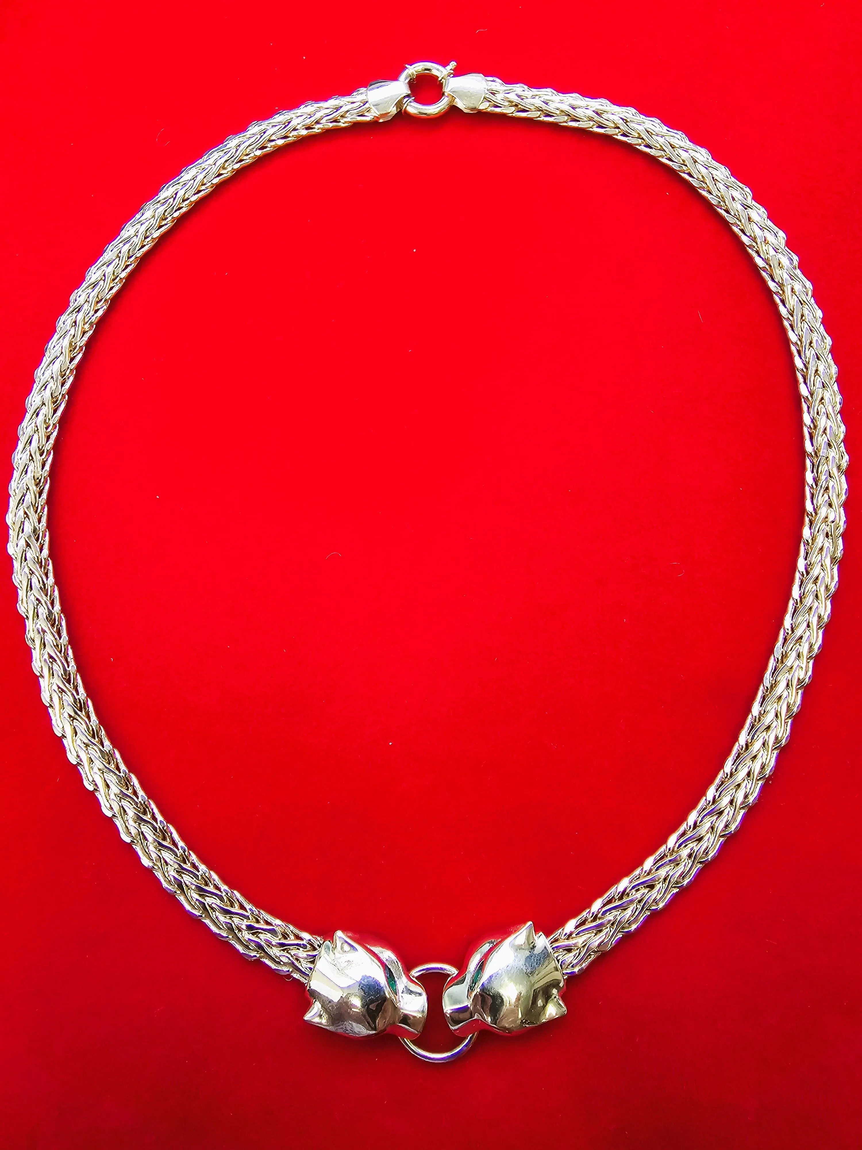 10K Real Gold Hollow Byzantine Double Panther Head with Green CZ Eyes Necklace