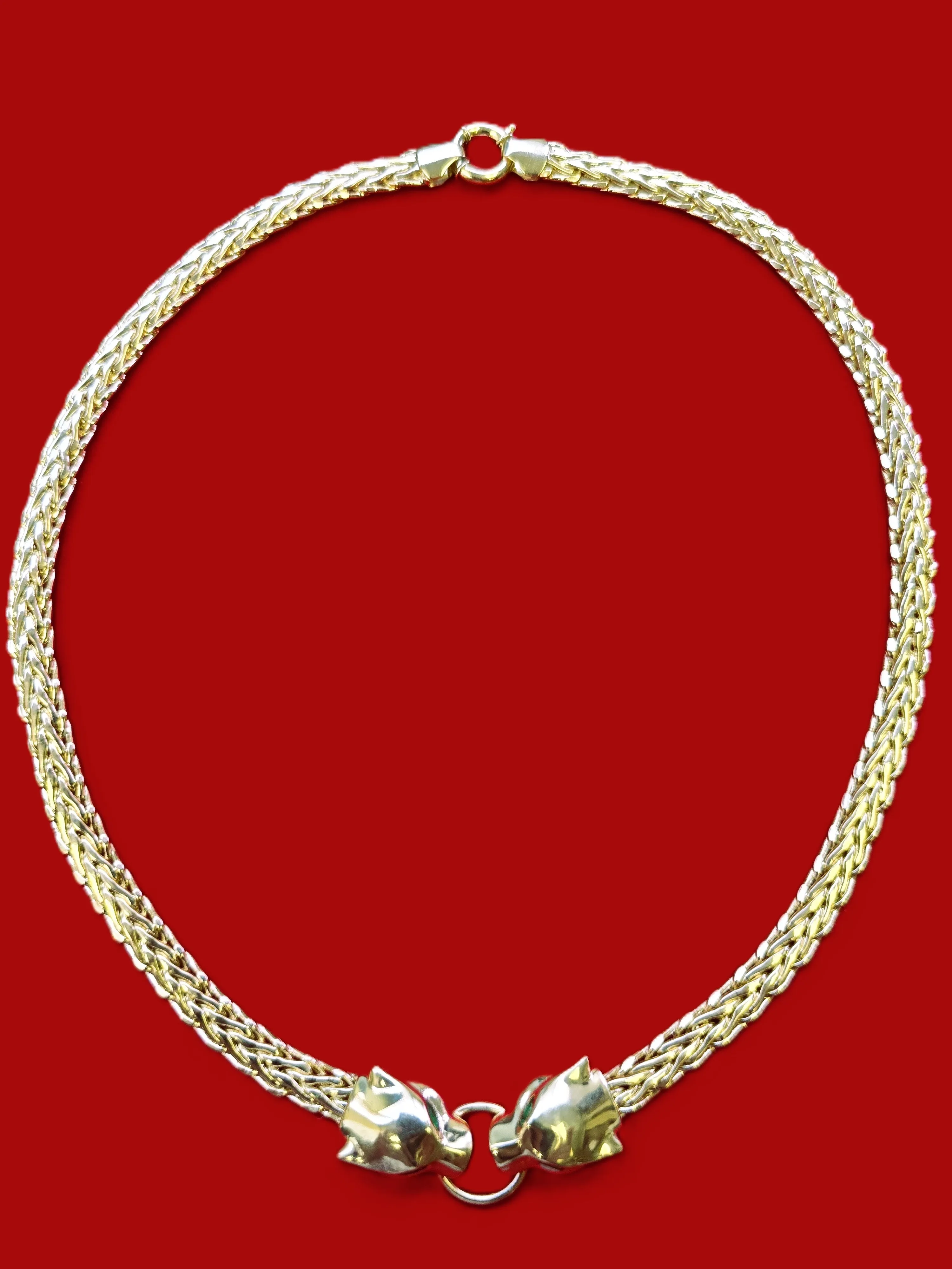 10K Real Gold Hollow Byzantine Double Panther Head with Green CZ Eyes Necklace