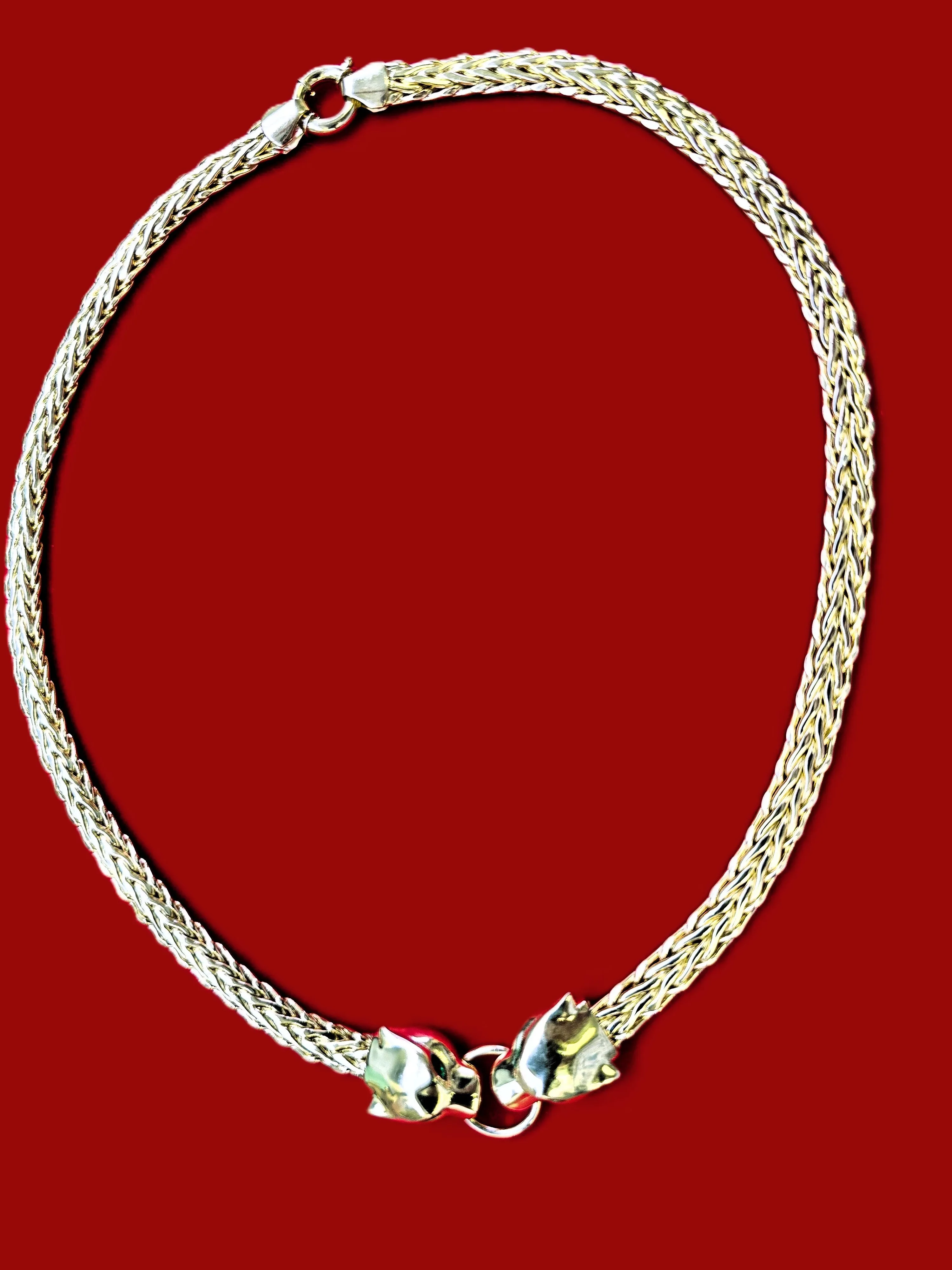 10K Real Gold Hollow Byzantine Double Panther Head with Green CZ Eyes Necklace
