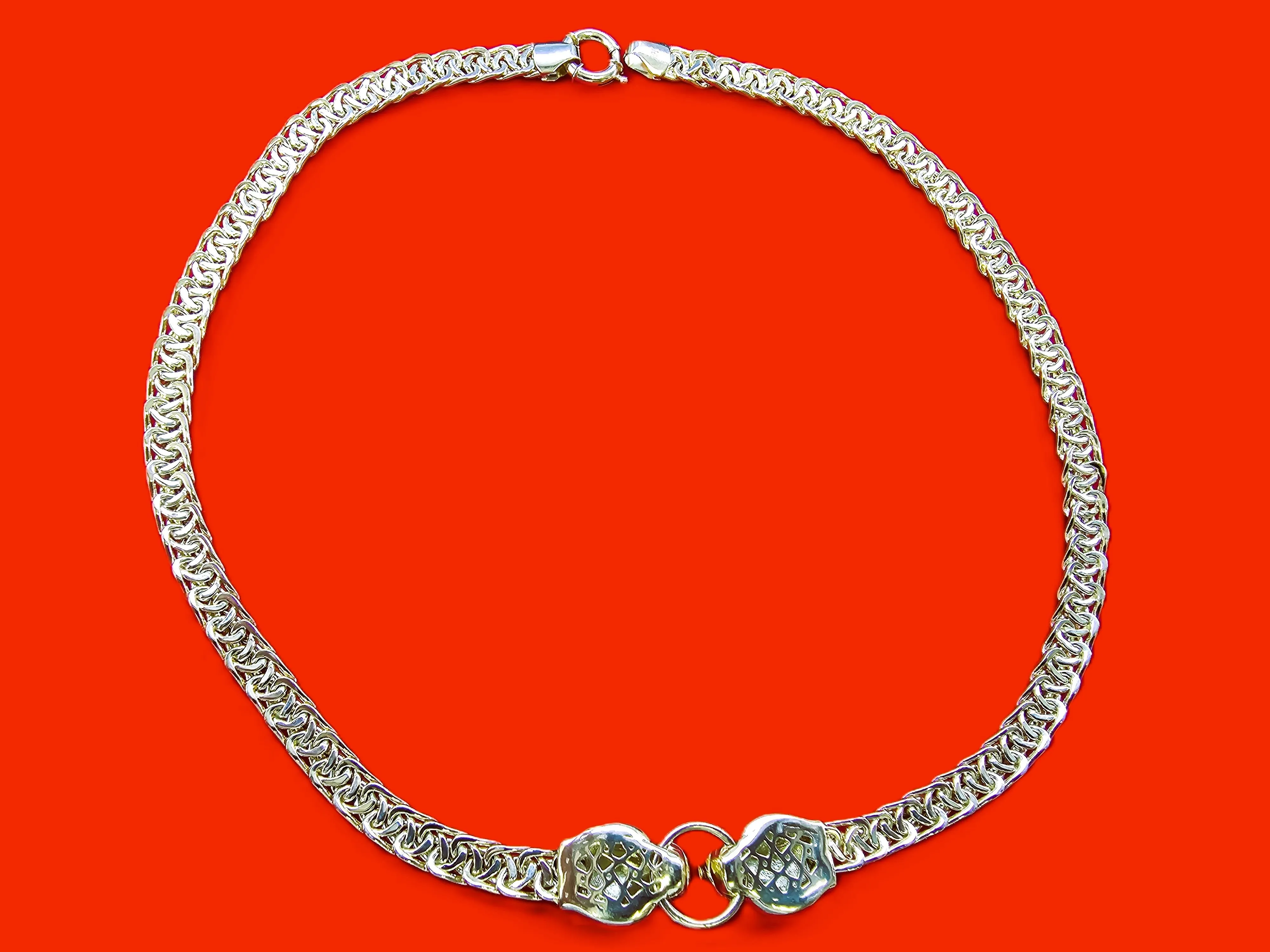 10K Real Gold Hollow Byzantine Double Panther Head with Green CZ Eyes Necklace