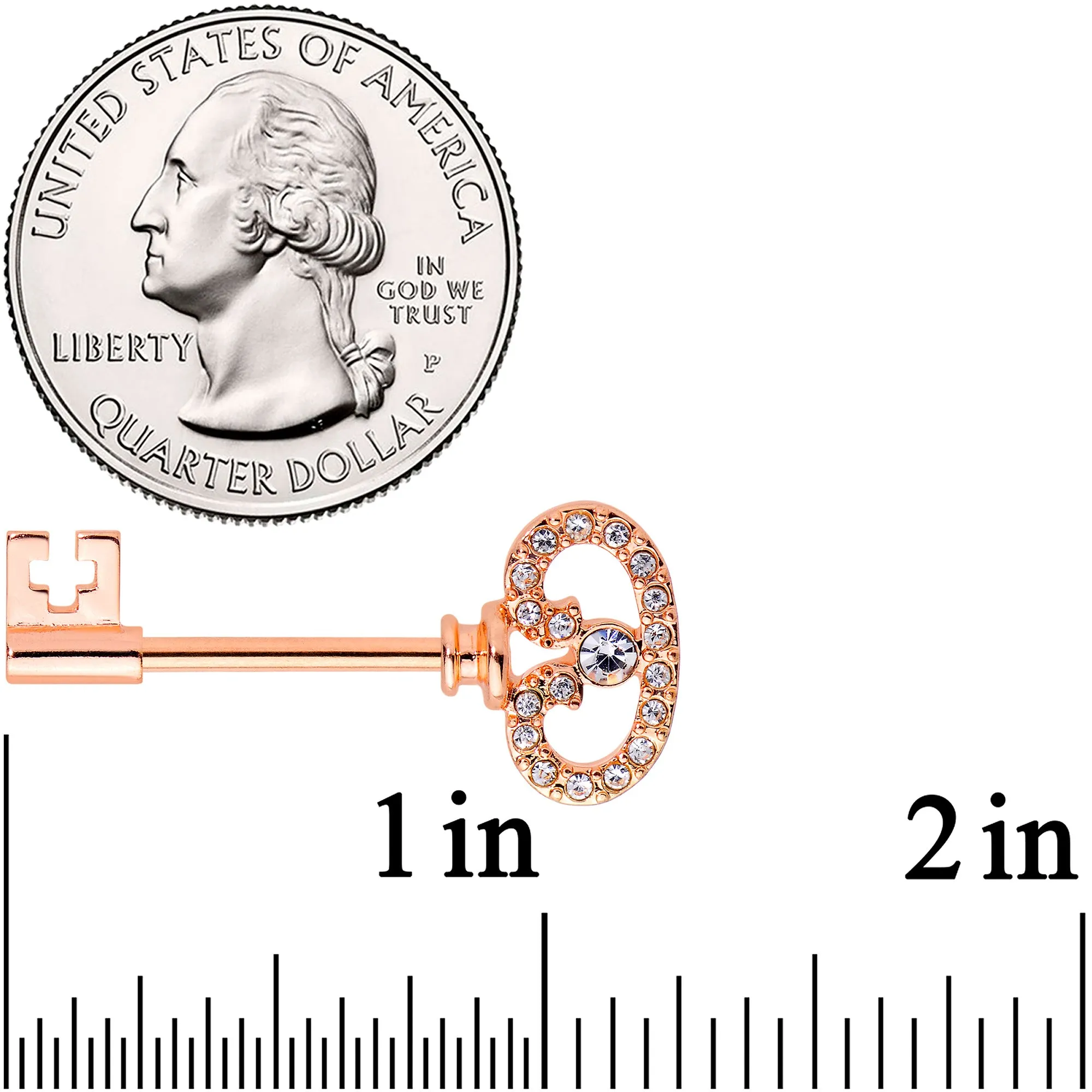 14 Gauge 9/16 Clear CZ Gem Rose Gold Tone Key Nipple Ring Set