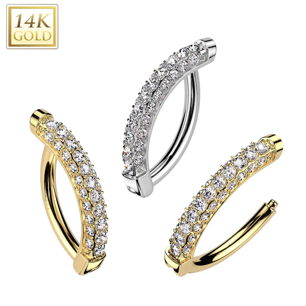 14K Solid Gold Clicker Belly Button Navel Ring with 3 CNC Pave CZ