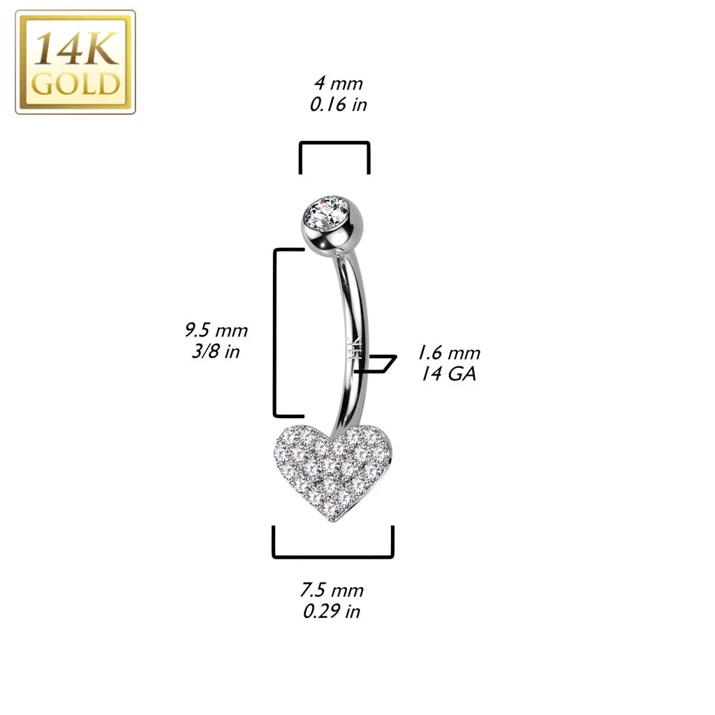 14K Solid Gold Heart CZ Pave Navel Belly Button Ring