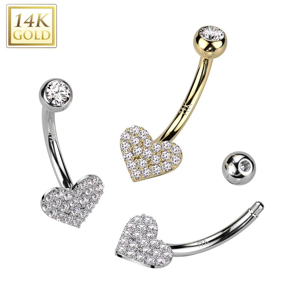 14K Solid Gold Heart CZ Pave Navel Belly Button Ring