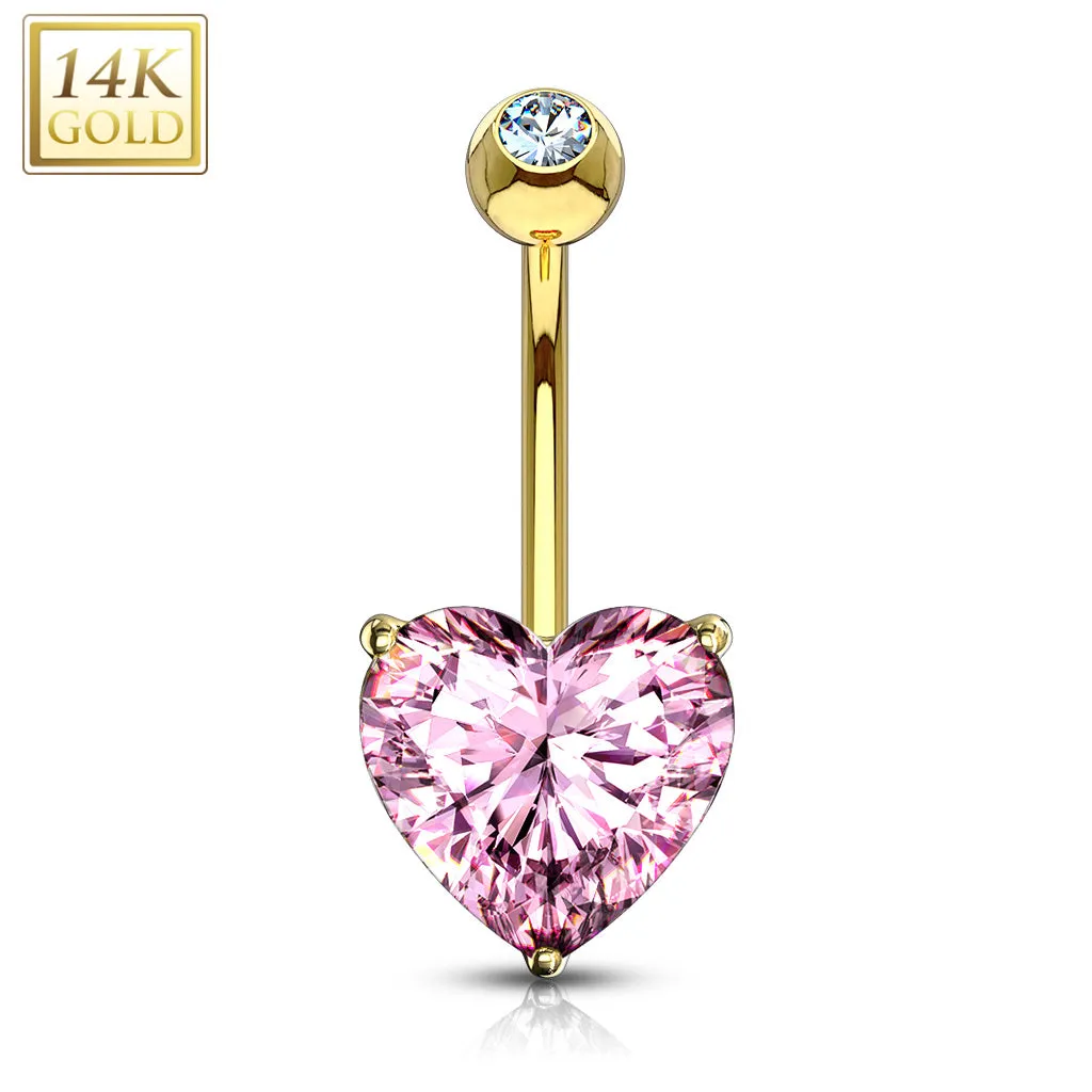14K Solid Gold Prong Heart CZ Belly Button Navel Rings