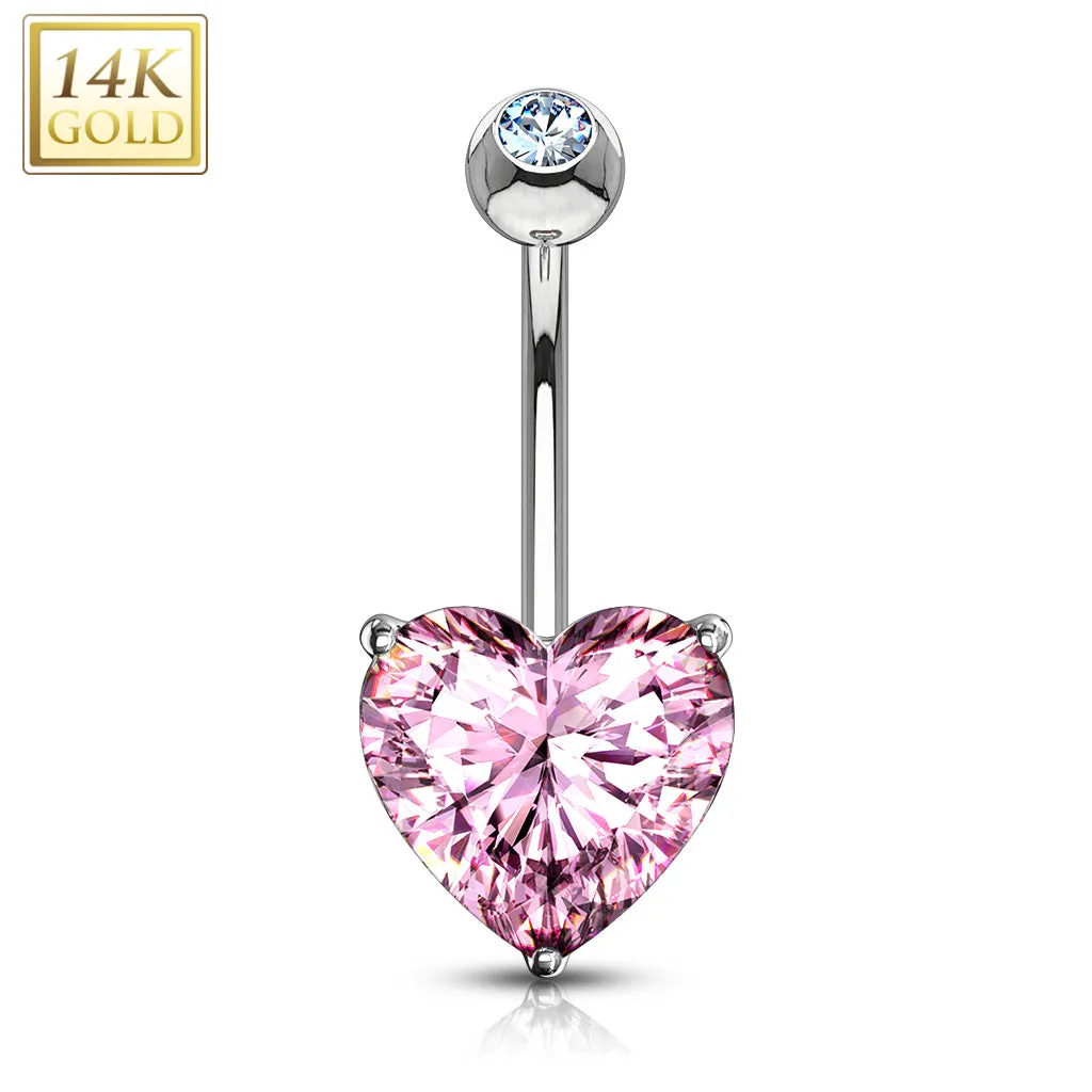 14K Solid Gold Prong Heart CZ Belly Button Navel Rings
