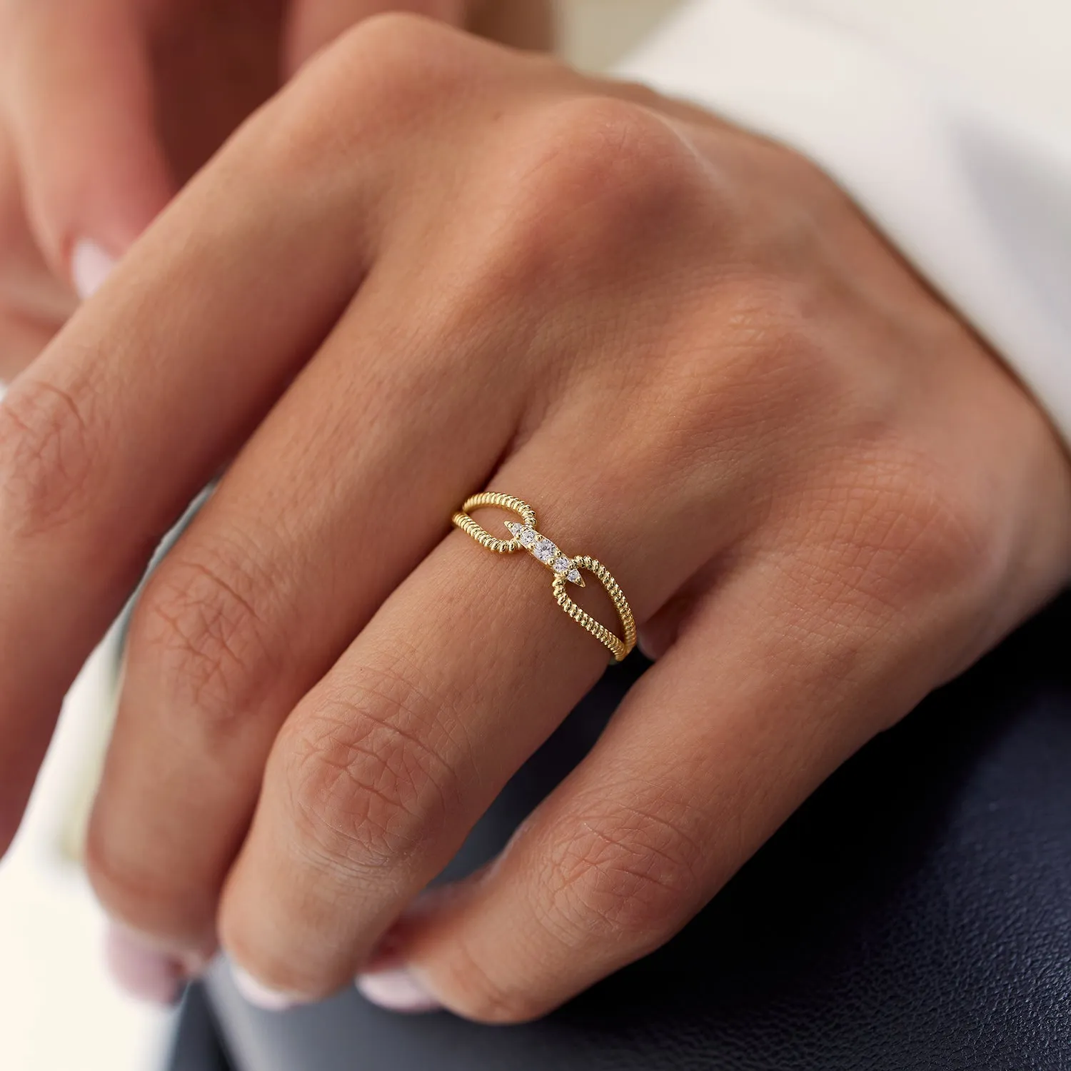 14k Unique Diamond Statement Ring w/ Double Rope Band