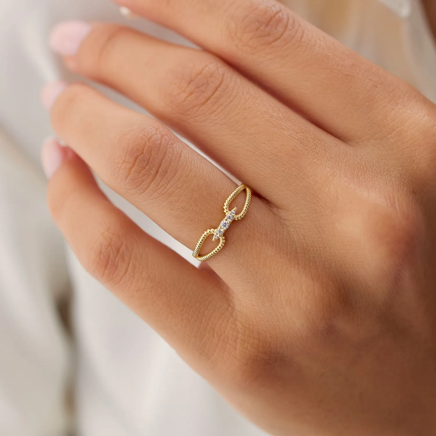 14k Unique Diamond Statement Ring w/ Double Rope Band