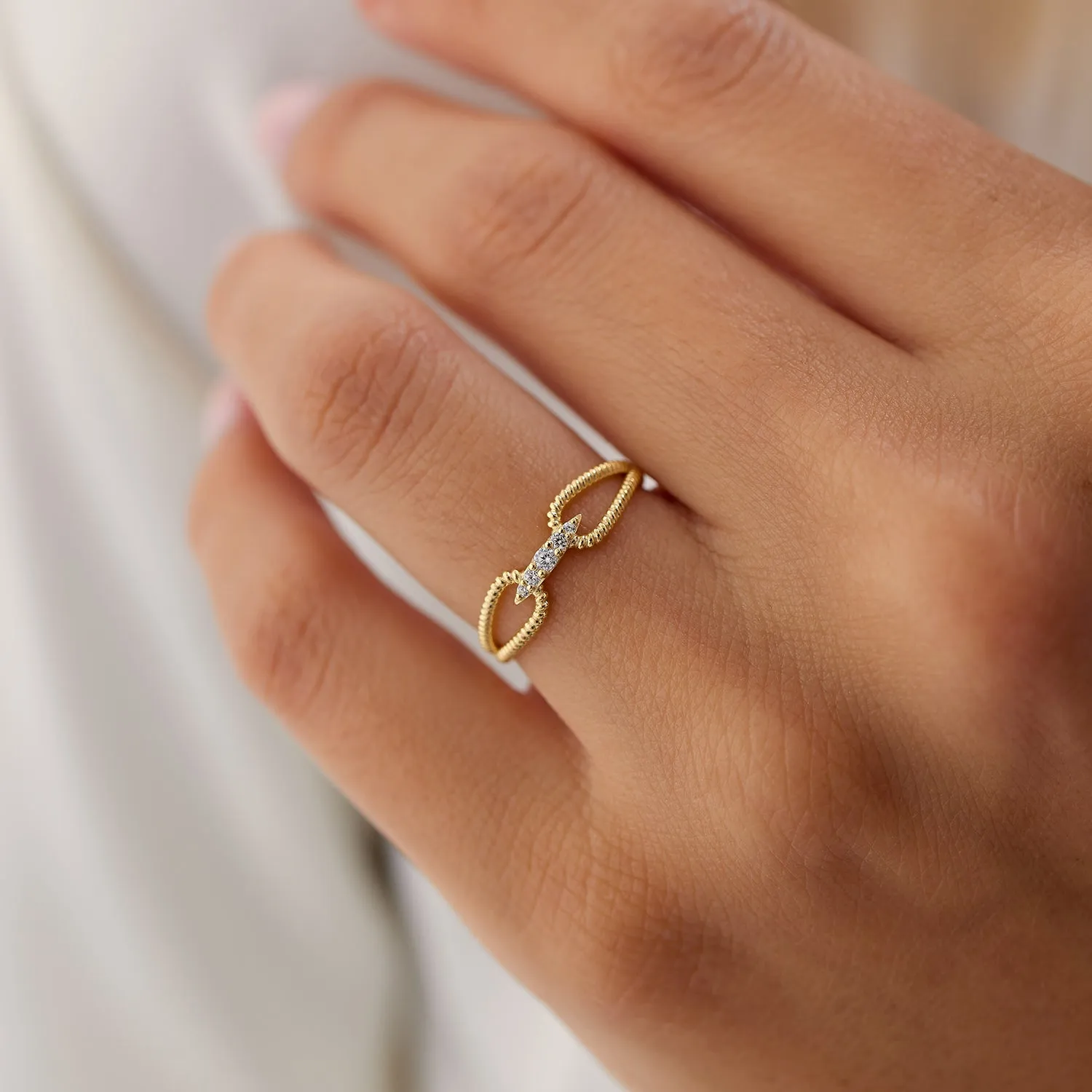 14k Unique Diamond Statement Ring w/ Double Rope Band