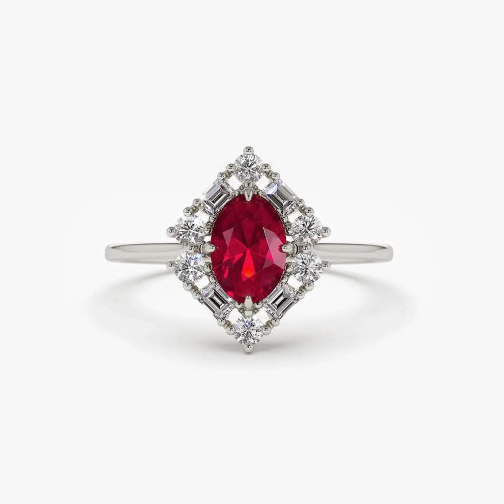 14K Unique Natural Ruby and Baguette Ring