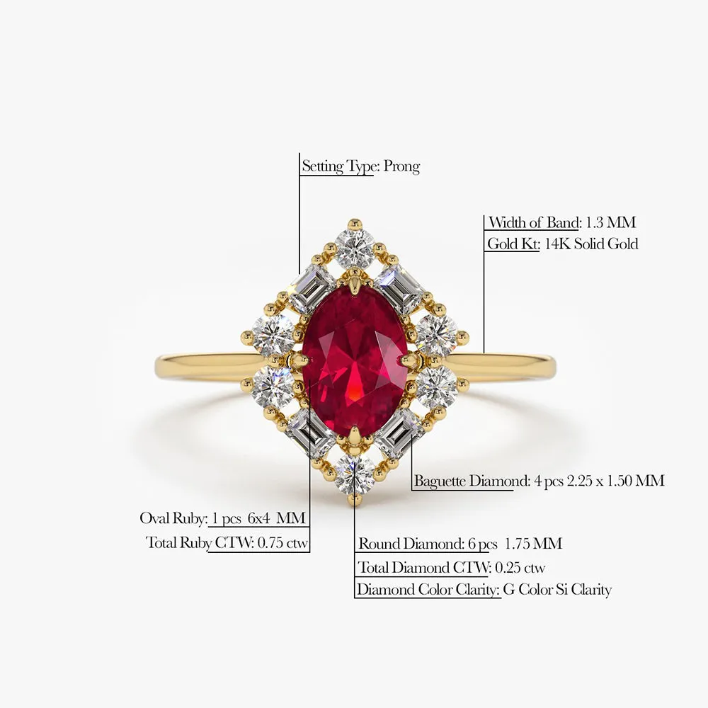 14K Unique Natural Ruby and Baguette Ring