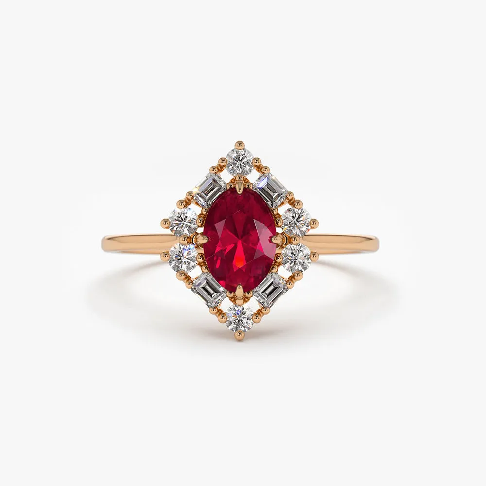 14K Unique Natural Ruby and Baguette Ring