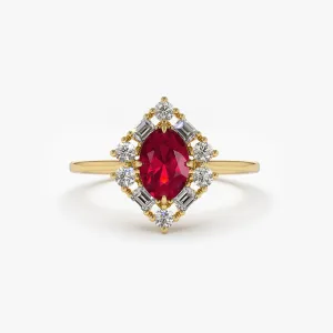 14K Unique Natural Ruby and Baguette Ring