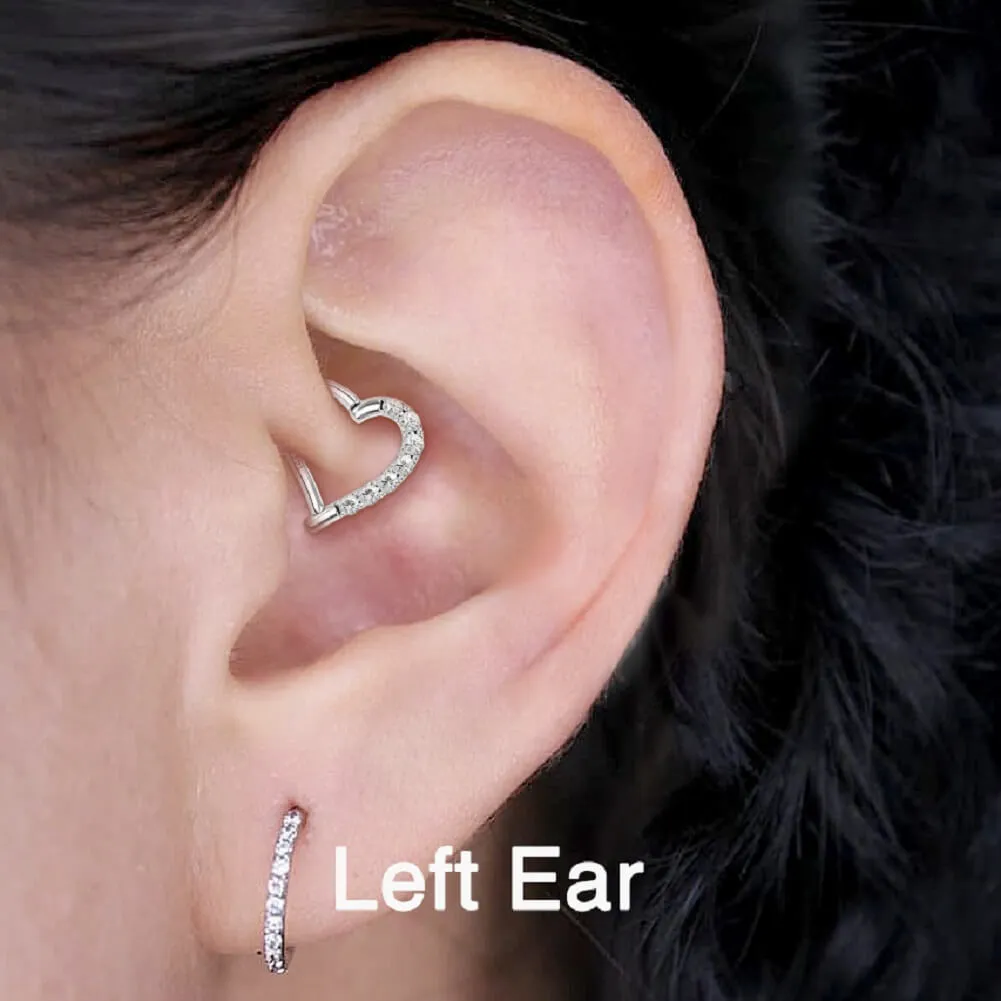 14K White Gold 16G Heart Shaped CZ Daith Helix Earring
