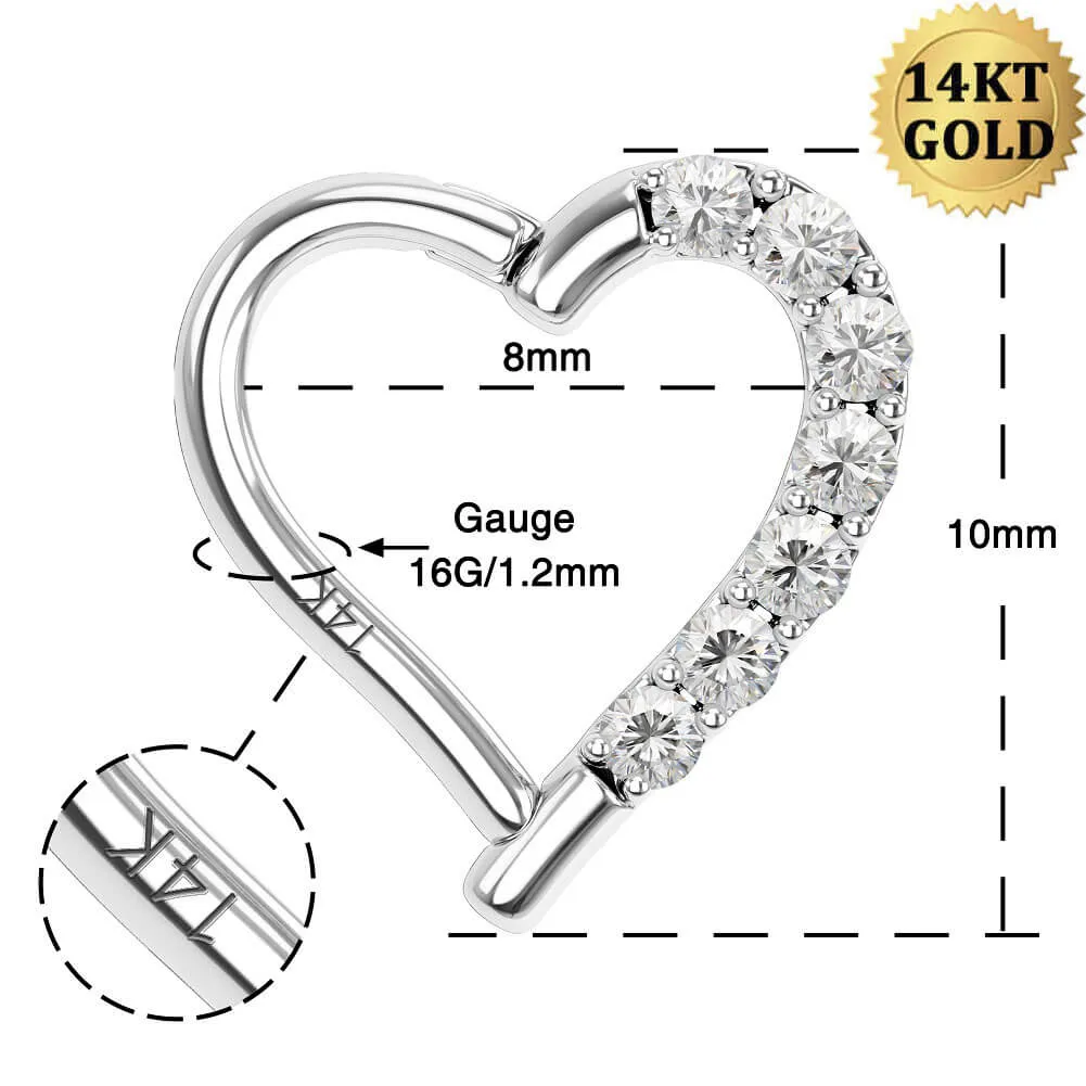 14K White Gold 16G Heart Shaped CZ Daith Helix Earring