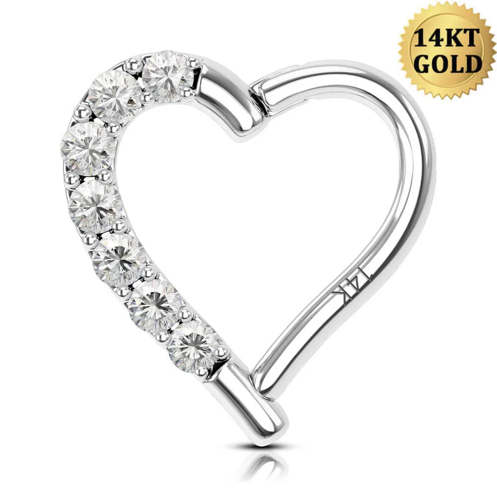 14K White Gold 16G Heart Shaped CZ Daith Helix Earring