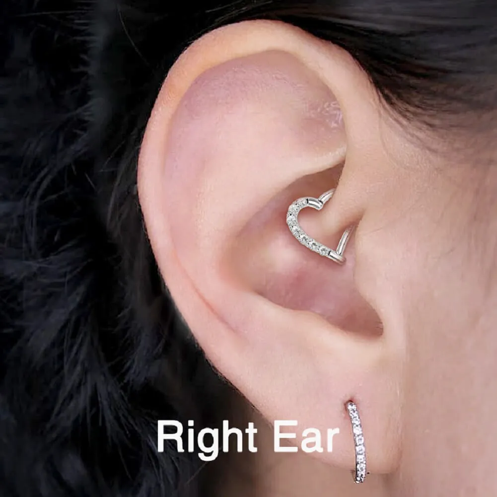 14K White Gold 16G Heart Shaped CZ Daith Helix Earring