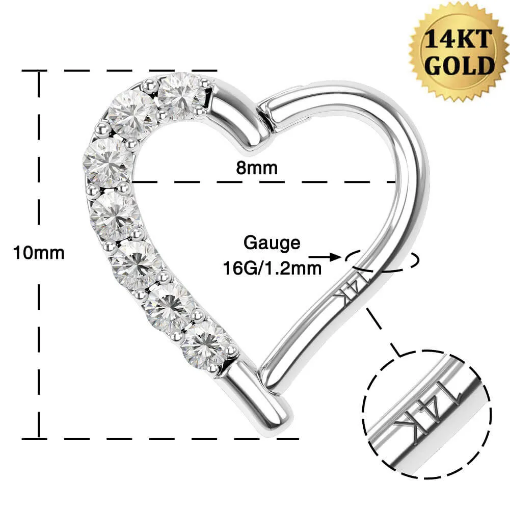 14K White Gold 16G Heart Shaped CZ Daith Helix Earring