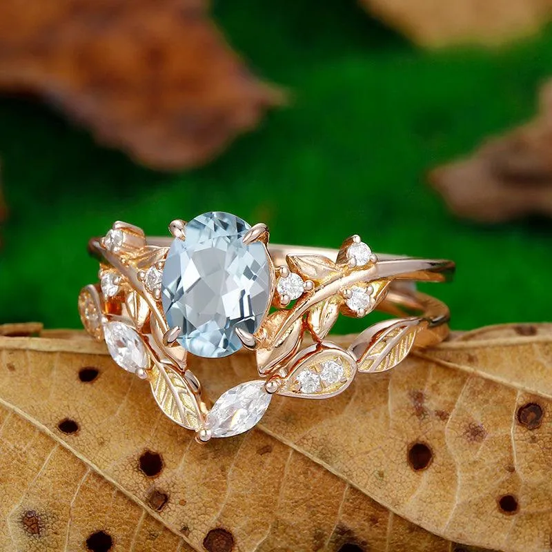 1.5 CT Oval Shaped 14k Gold Leaf stackable Vine Aqumarine Ring