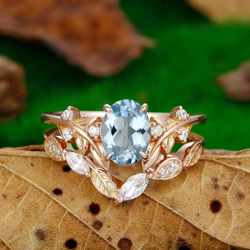 1.5 CT Oval Shaped 14k Gold Leaf stackable Vine Aqumarine Ring