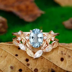 1.5 CT Oval Shaped 14k Gold Leaf stackable Vine Aqumarine Ring