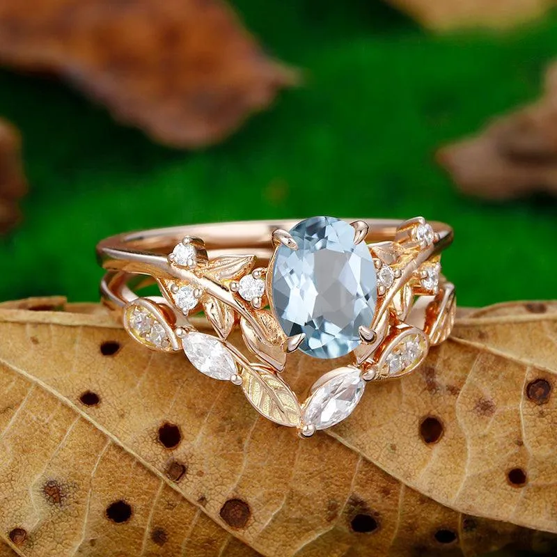 1.5 CT Oval Shaped 14k Gold Leaf stackable Vine Aqumarine Ring