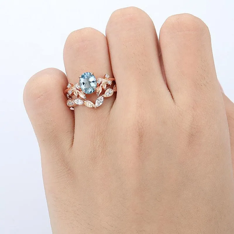 1.5 CT Oval Shaped 14k Gold Leaf stackable Vine Aqumarine Ring