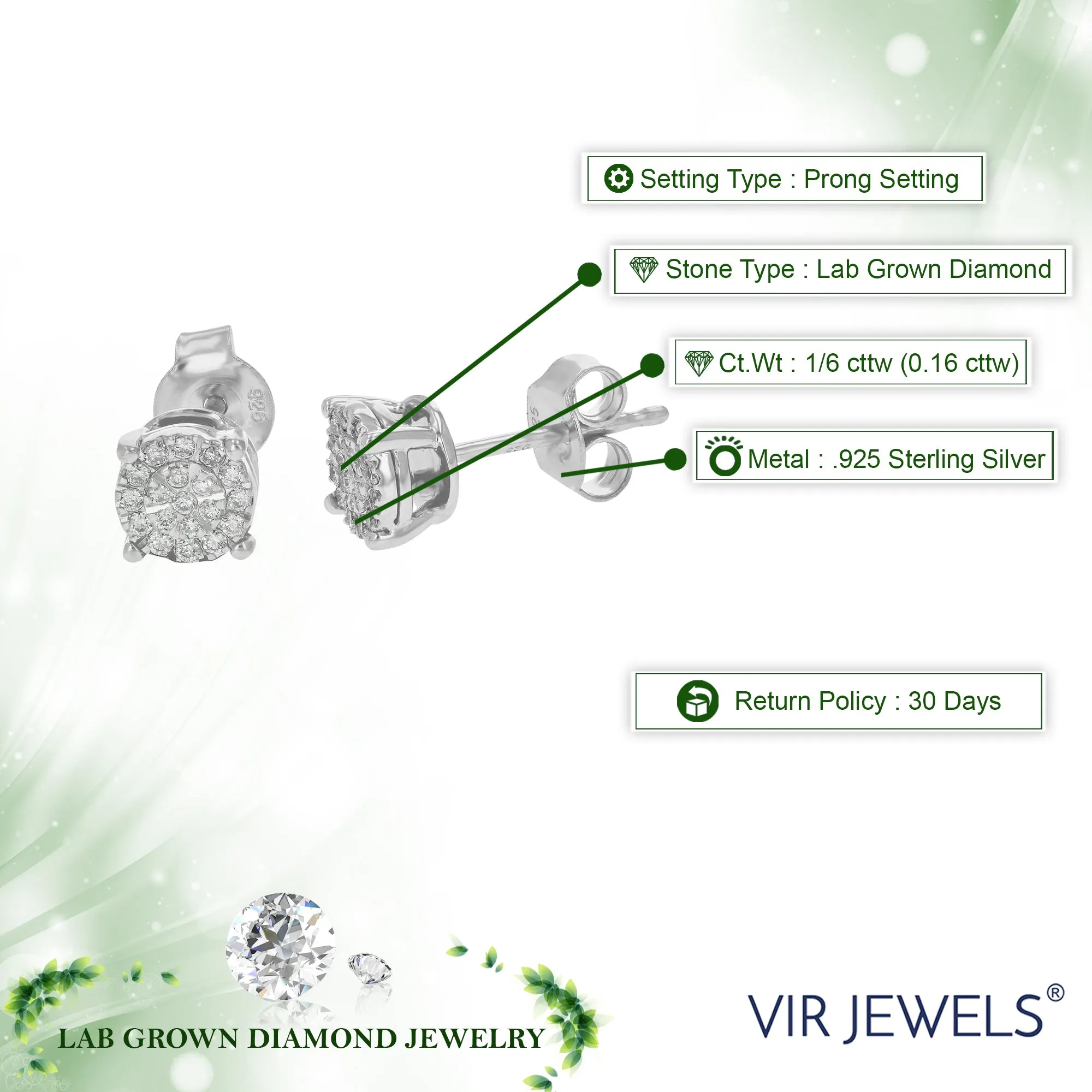 1/6 cttw Lab Grown Halo Diamond Stud Earrings in Sterling Silver