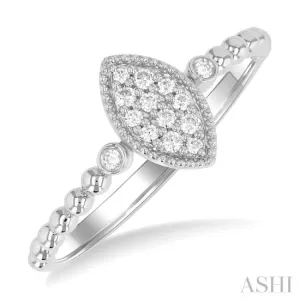 1/8 ctw Petite Bead Shank Marquise Shape Center Round Cut Diamond Fashion Ring in 10K White Gold