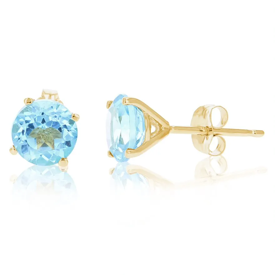 1.80 cttw 6 MM Blue Topaz Stud Earrings 14K Gold Round Cut with Push Backs December Birthstone