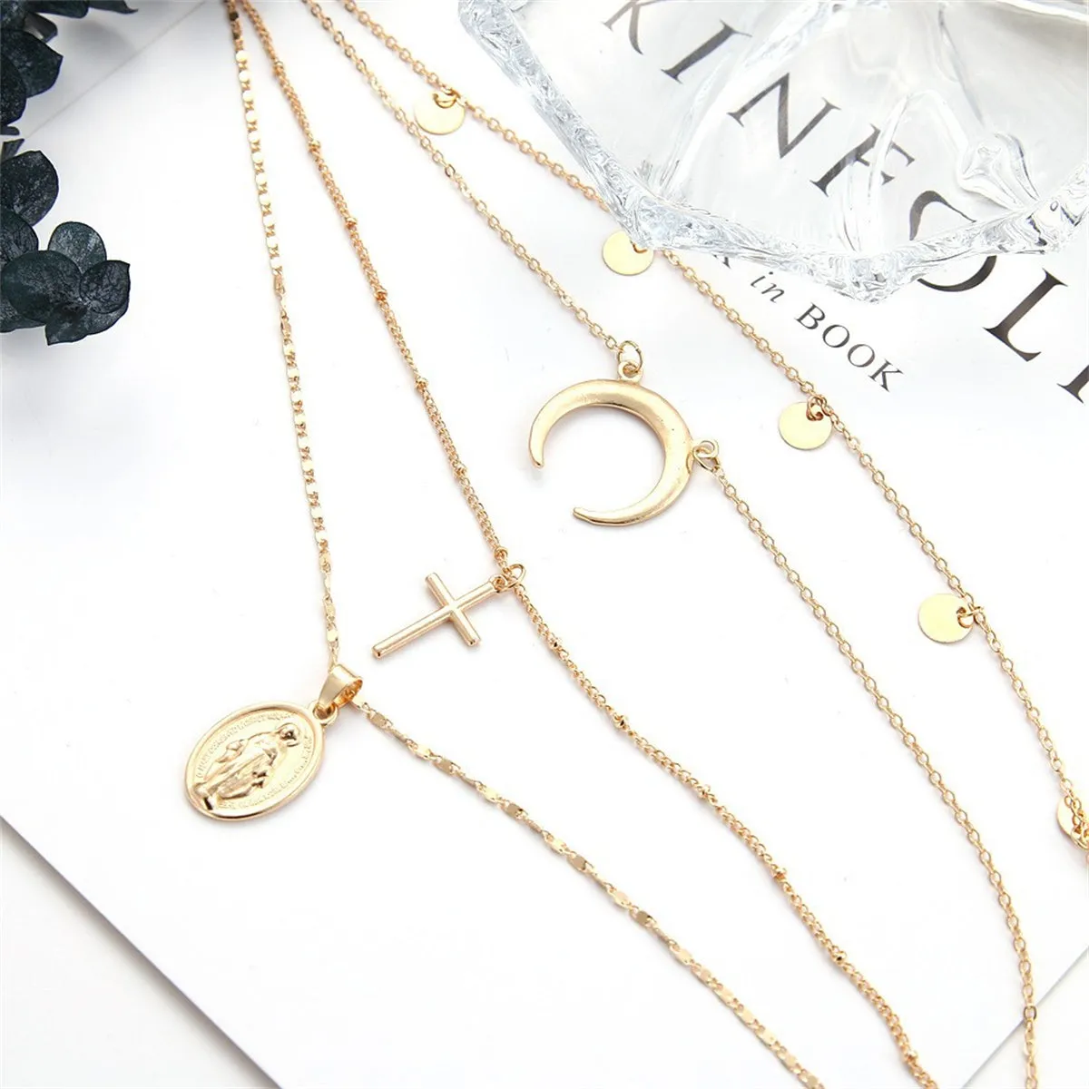 18K Gold-Plated Cross & Moon Layered Choker Necklace