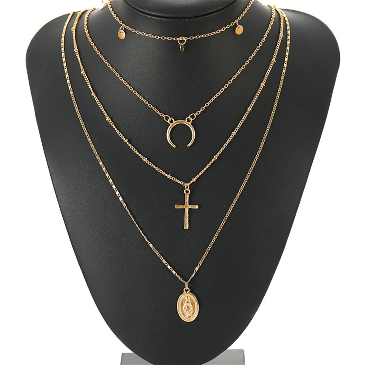 18K Gold-Plated Cross & Moon Layered Choker Necklace
