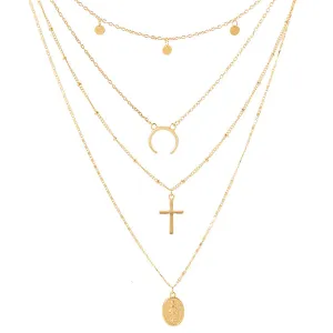 18K Gold-Plated Cross & Moon Layered Choker Necklace