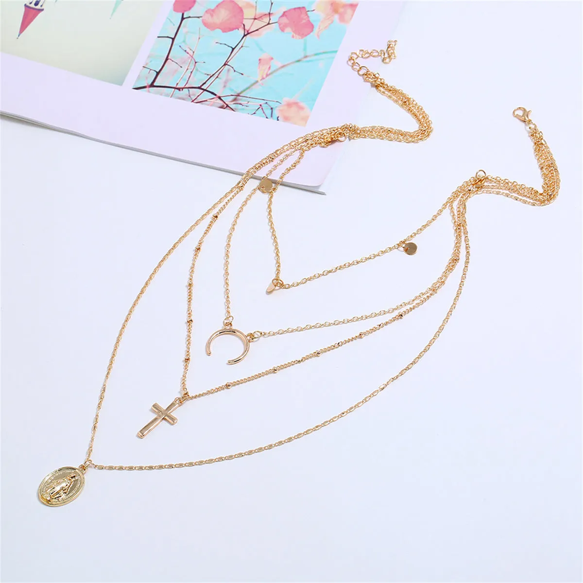 18K Gold-Plated Cross & Moon Layered Choker Necklace