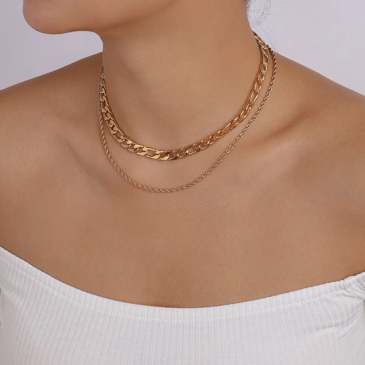 18K Gold-Plated Curb & Twine Chain Layered Necklace