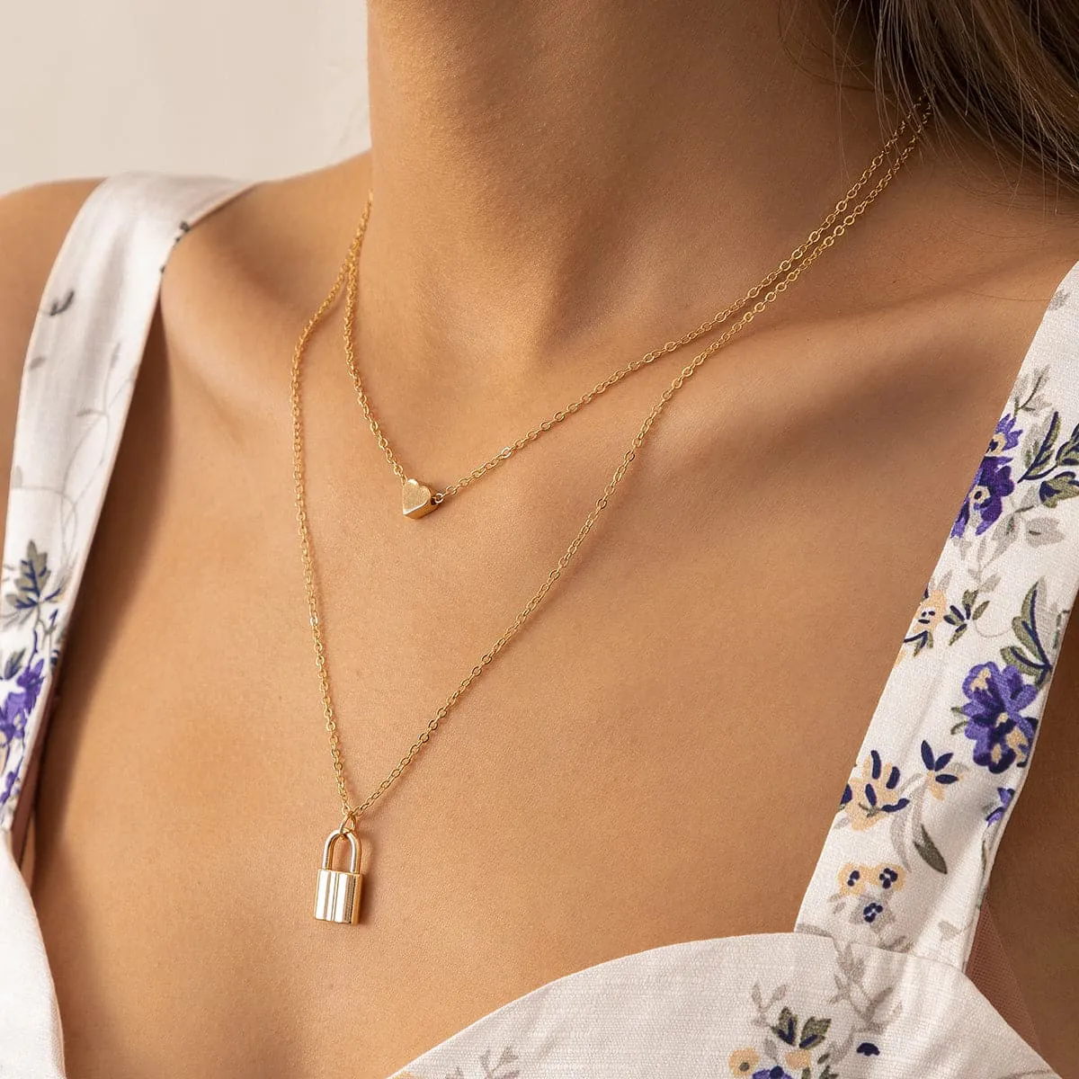 18K Gold-Plated Heart & Lock Layered Pendant Necklace