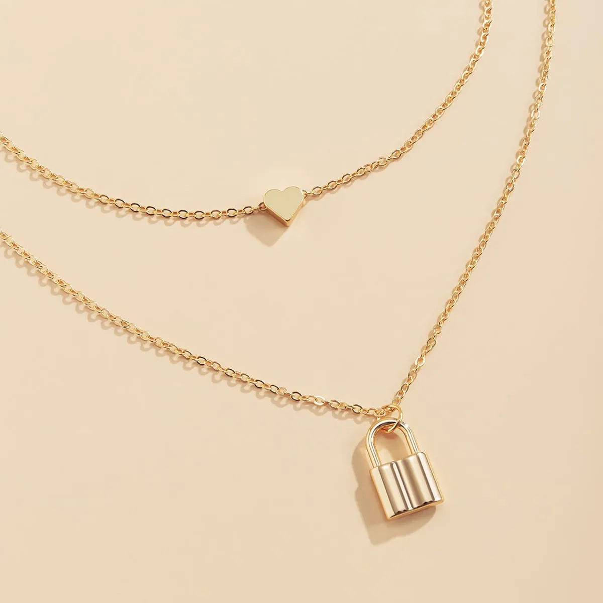 18K Gold-Plated Heart & Lock Layered Pendant Necklace