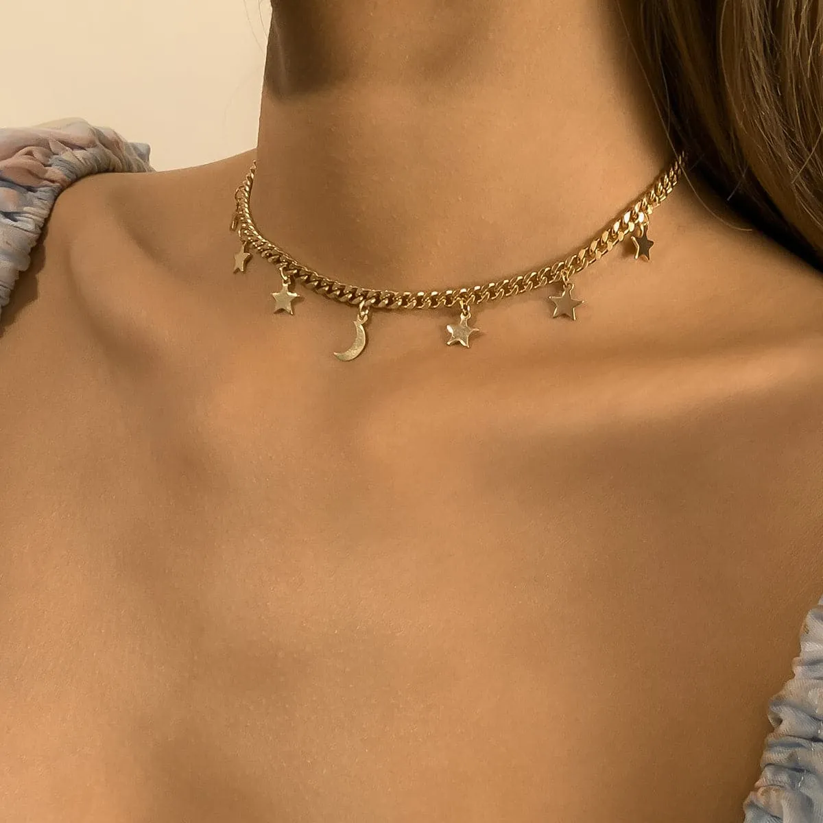 18K Gold-Plated Star Moon Station Choker Necklace