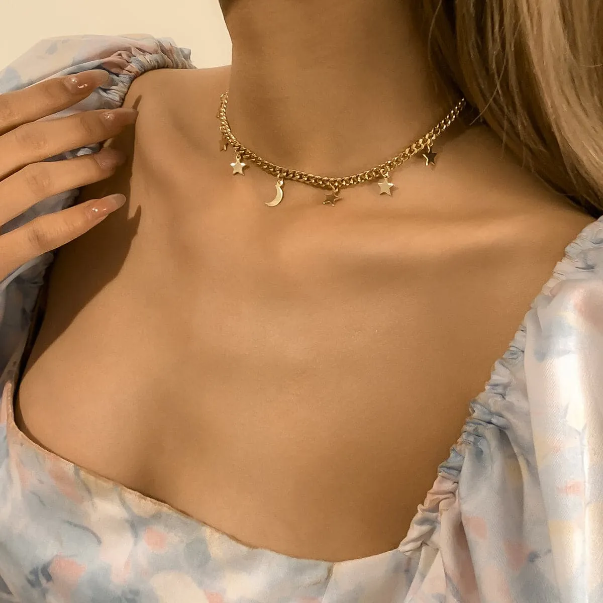 18K Gold-Plated Star Moon Station Choker Necklace