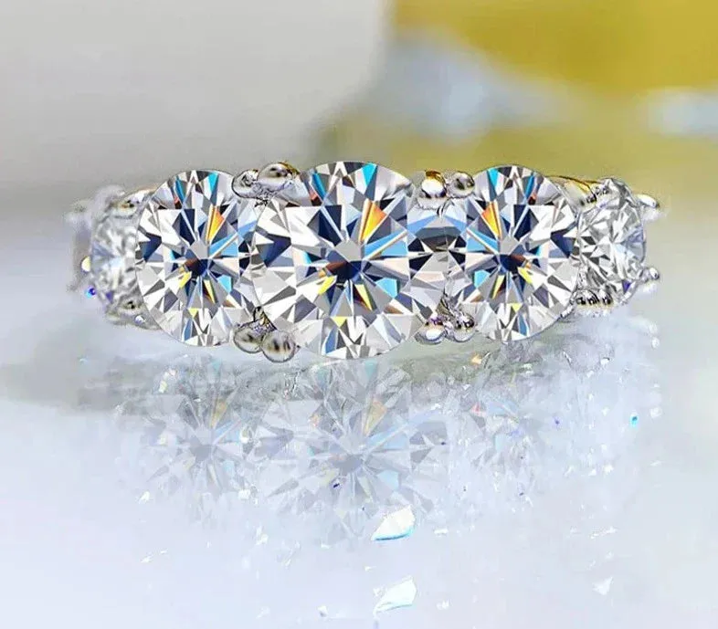 18k Plated 3.6CT All Moissanite Rings for Women 5 Stones Sparkling Diamond Wedding Band S925 Sterling Silver Jewelry