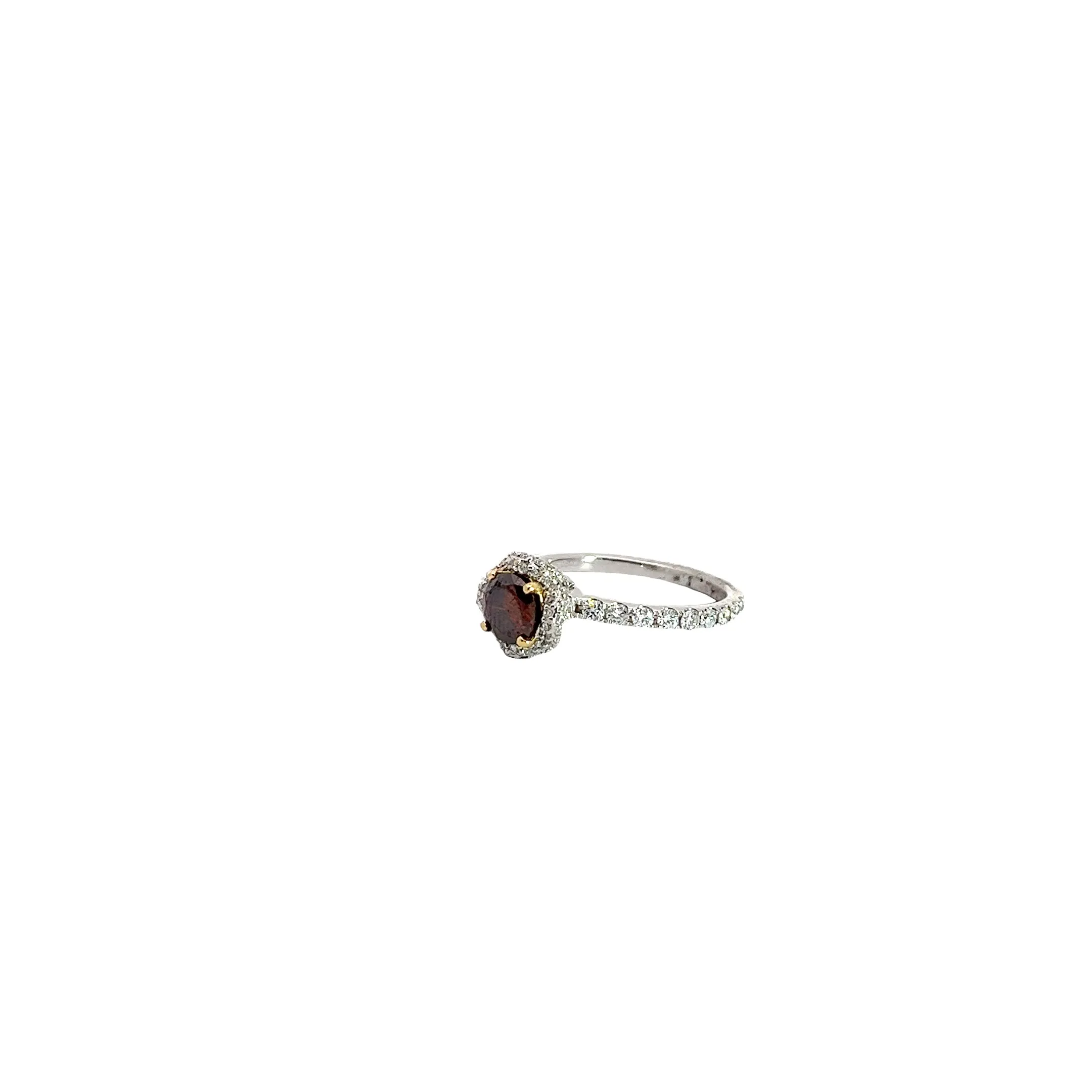 18K  Two Toned .74ct Fancy Dark Orangy Brown Chocolate Diamond and Surround .72ct F VS2 Round Diamond Setting is Pave around the Halo Engagement Ring Certified By GIA # 1142458430