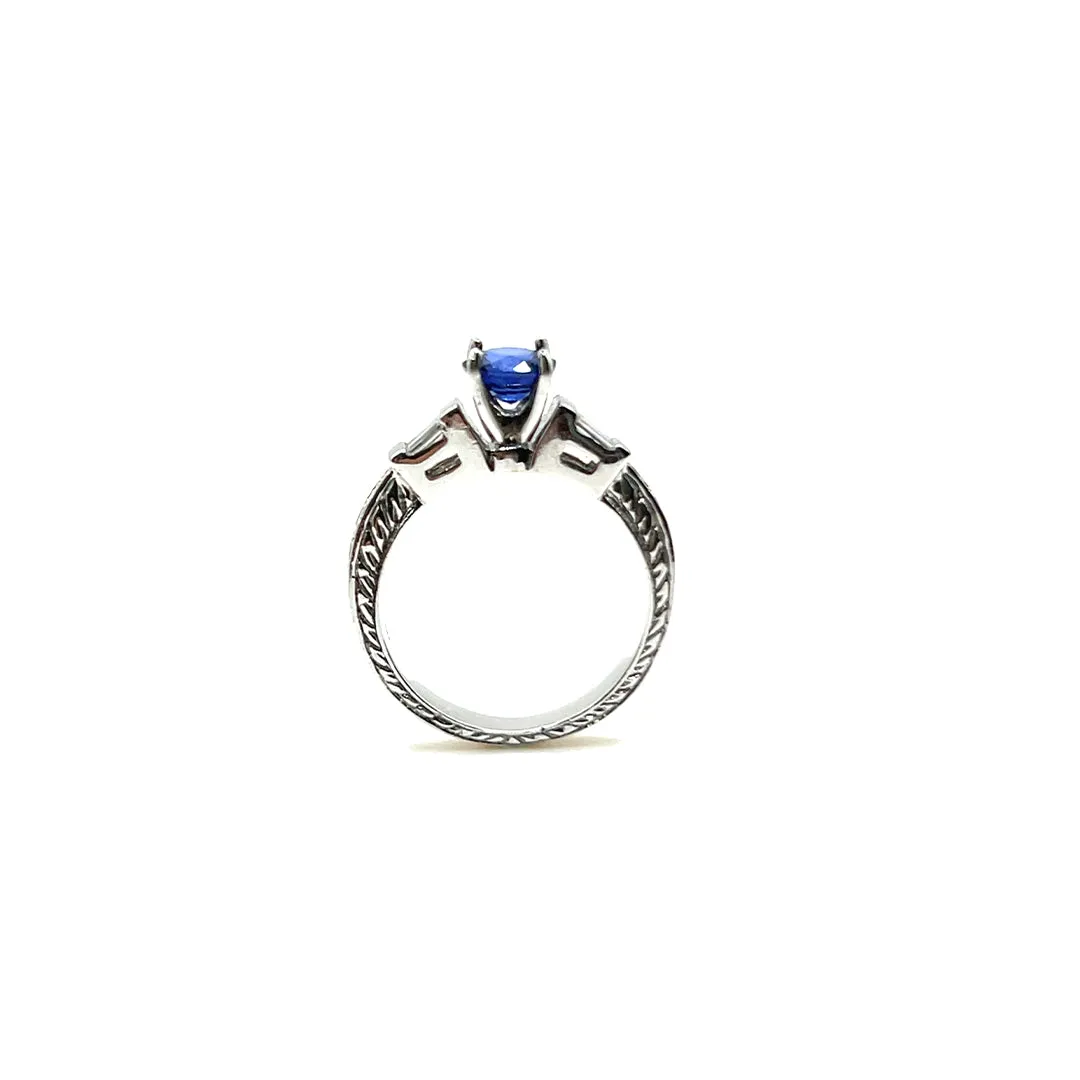 18K White Gold Ceylon Blue Sapphire and Baguette Cut Diamond Ring