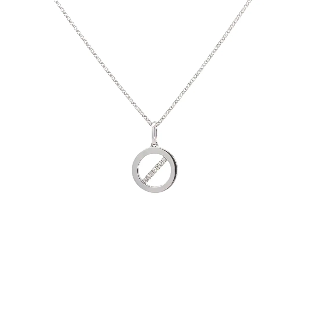 18K White Gold Thin Rolo Necklace w/ Diamond Circle Pendant