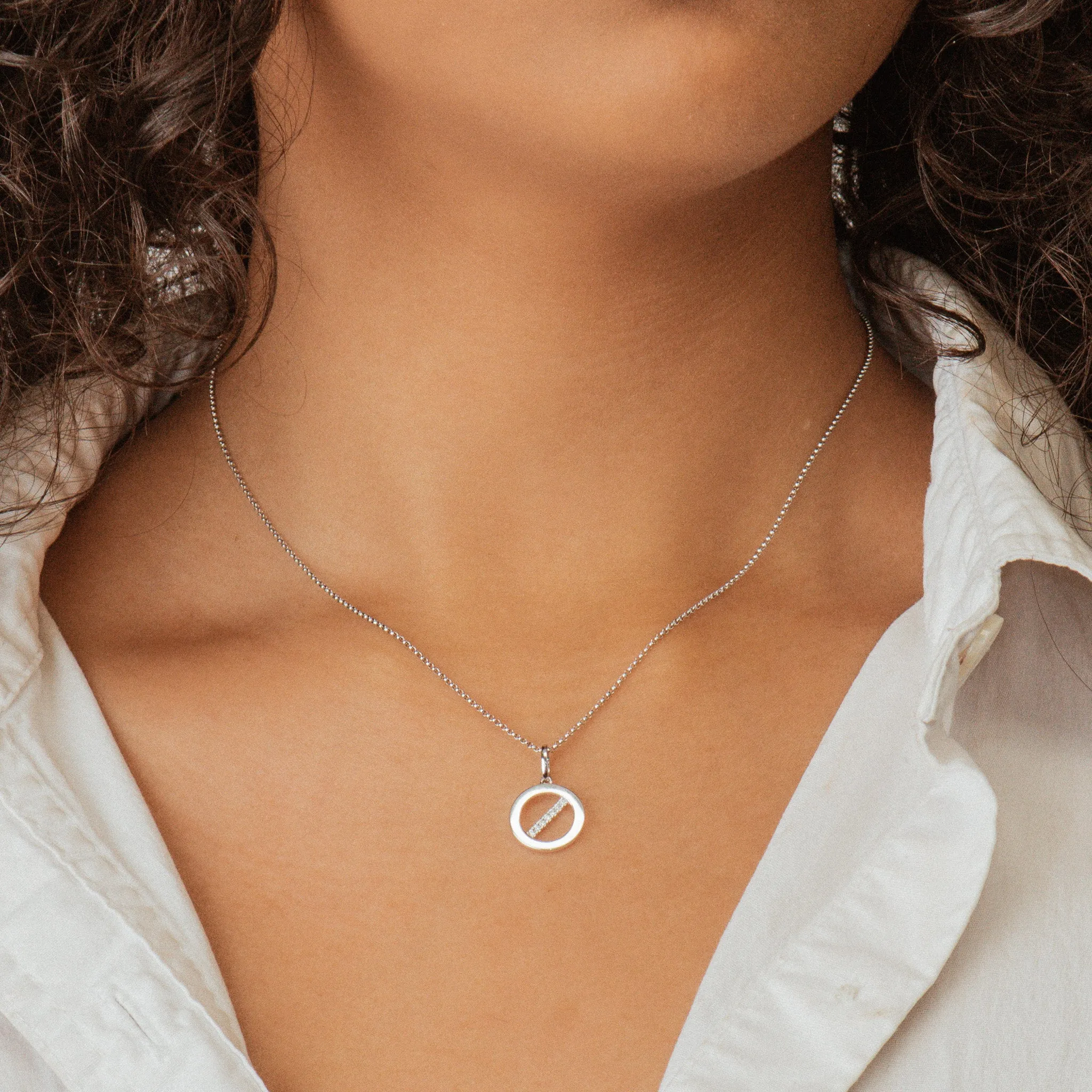 18K White Gold Thin Rolo Necklace w/ Diamond Circle Pendant