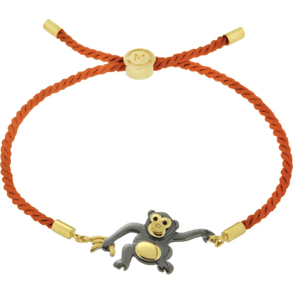 18k Yellow Gold Vermeil & Black Rhodium Plated Monkey Red Satin 8" Bracelet for Mischief