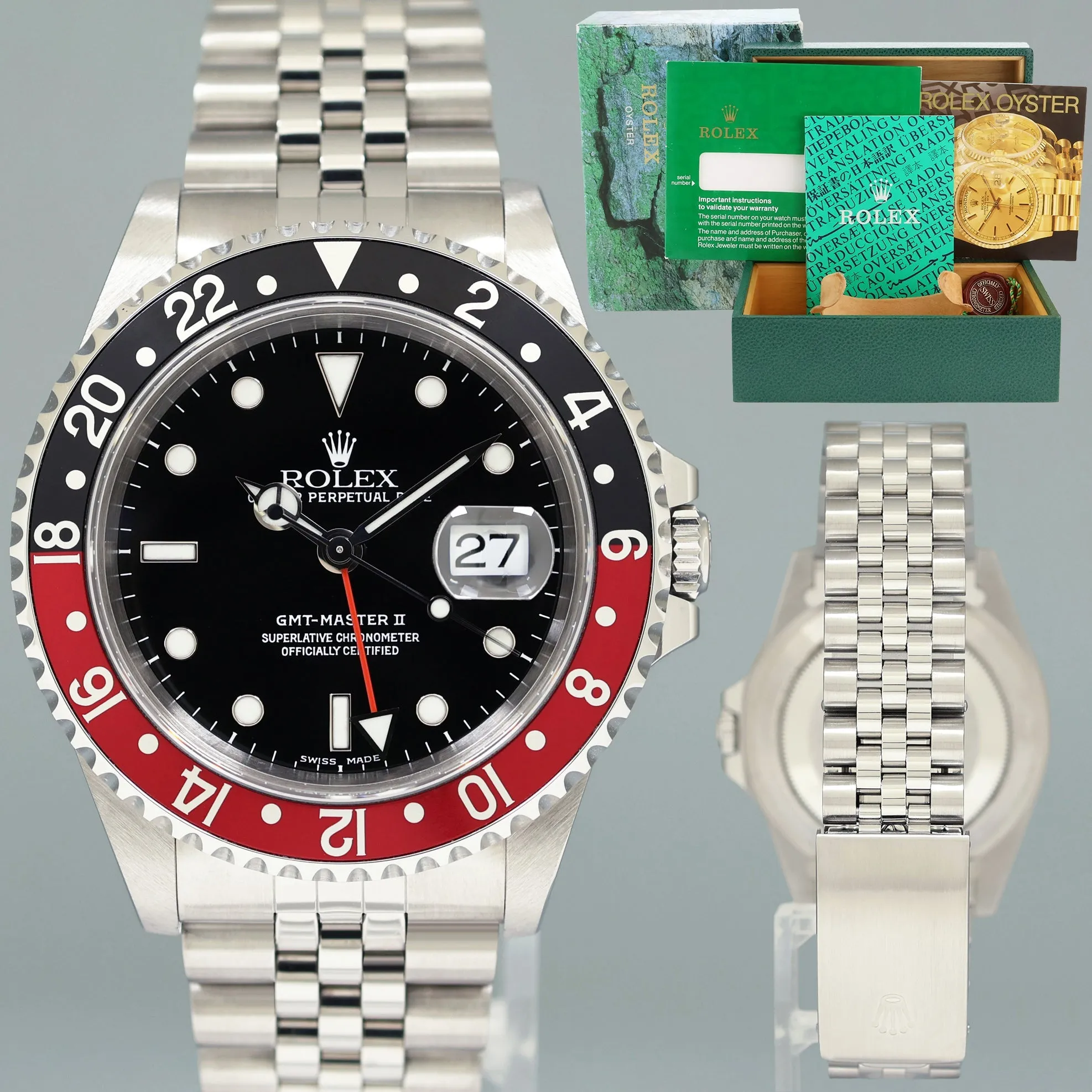 1999 MINT Rolex GMT-Master 2 Coke Red Black Jubilee 40mm Steel 16710 Watch Box