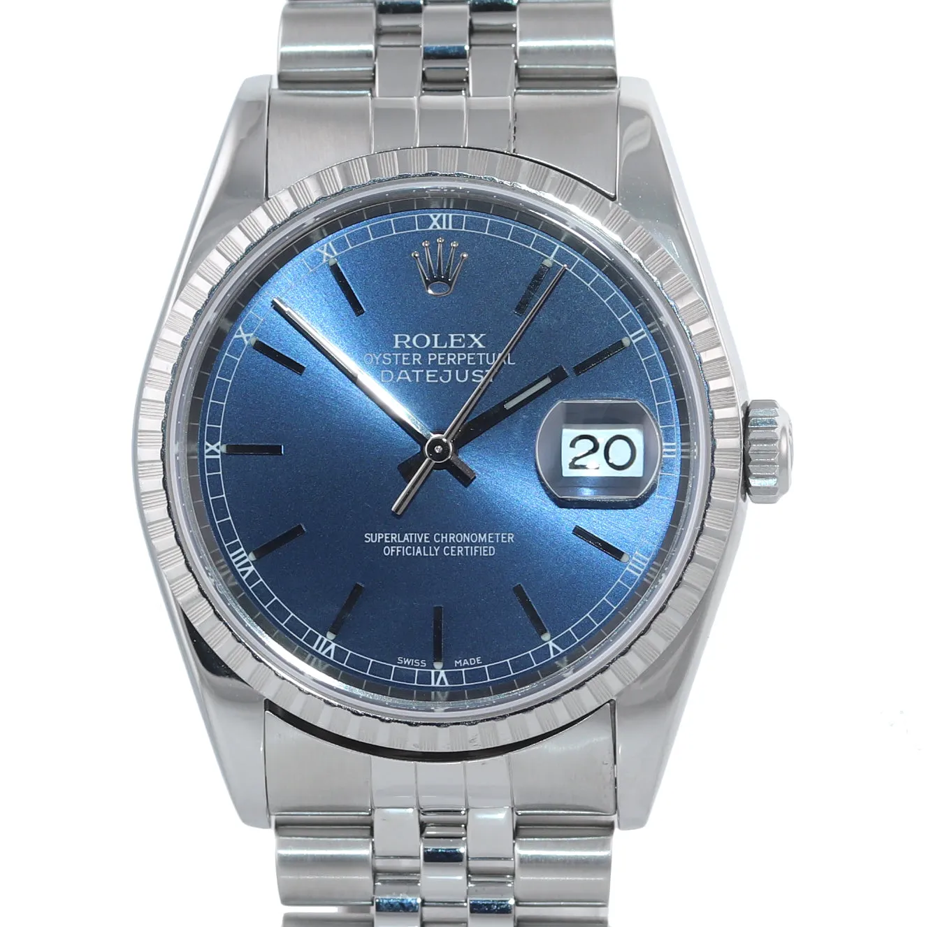 2002 MINT PAPERS Rolex DateJust 36mm 16220 Steel Blue Stick Jubilee Date Watch