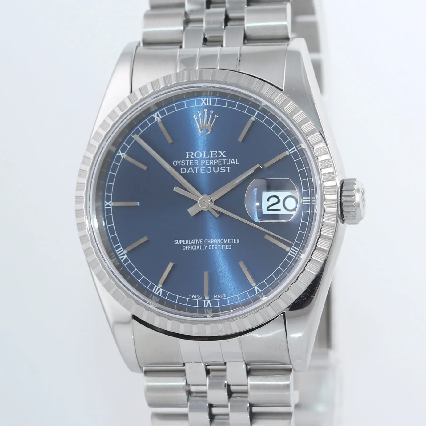 2002 MINT PAPERS Rolex DateJust 36mm 16220 Steel Blue Stick Jubilee Date Watch