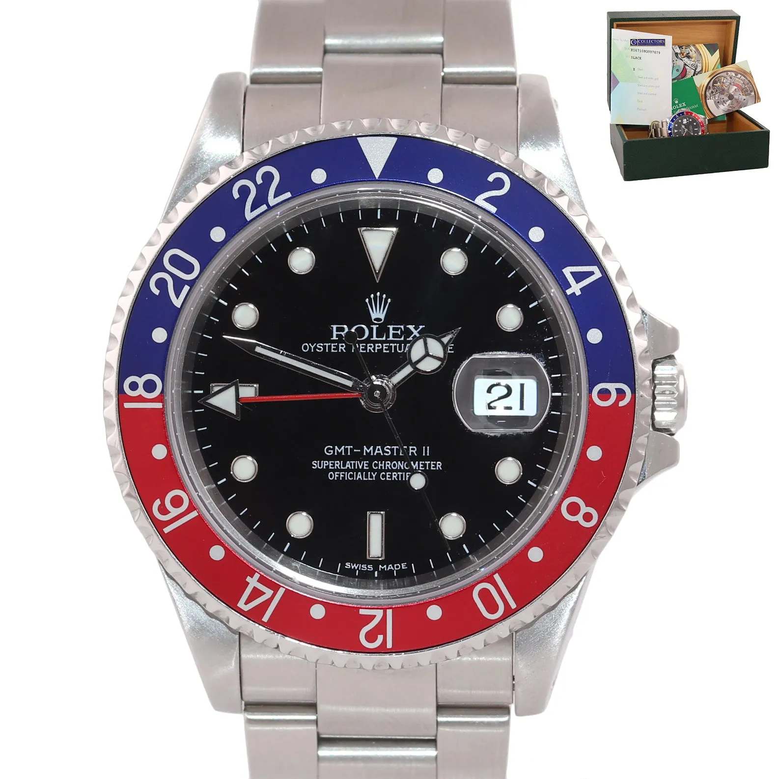 2003 PAPERS Rolex GMT-Master 2 Pepsi Blue Red Steel 16710 Error Stick Watch Box