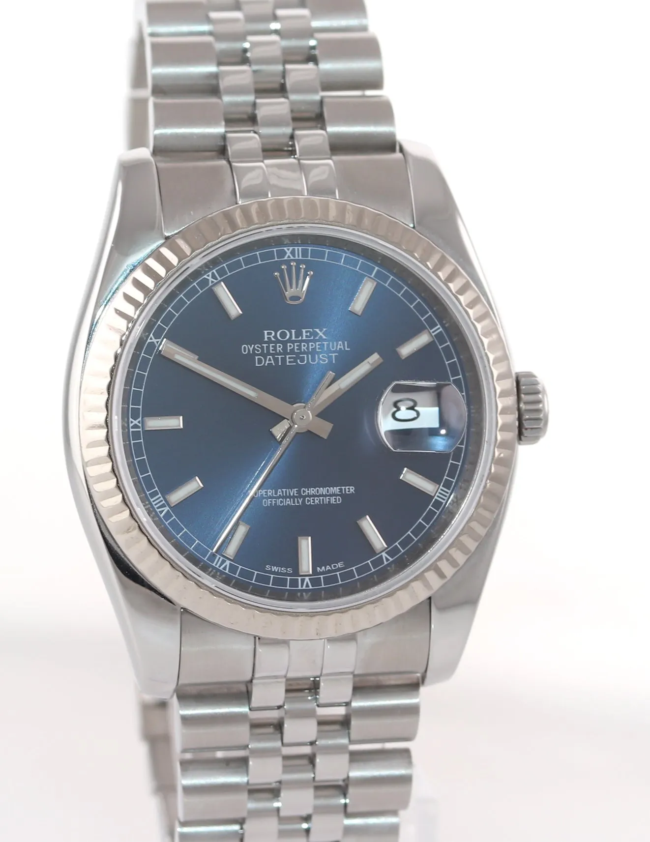 2014 Papers Rolex DateJust Steel Blue Stick Dial 116234 36mm Super Jubilee Watch